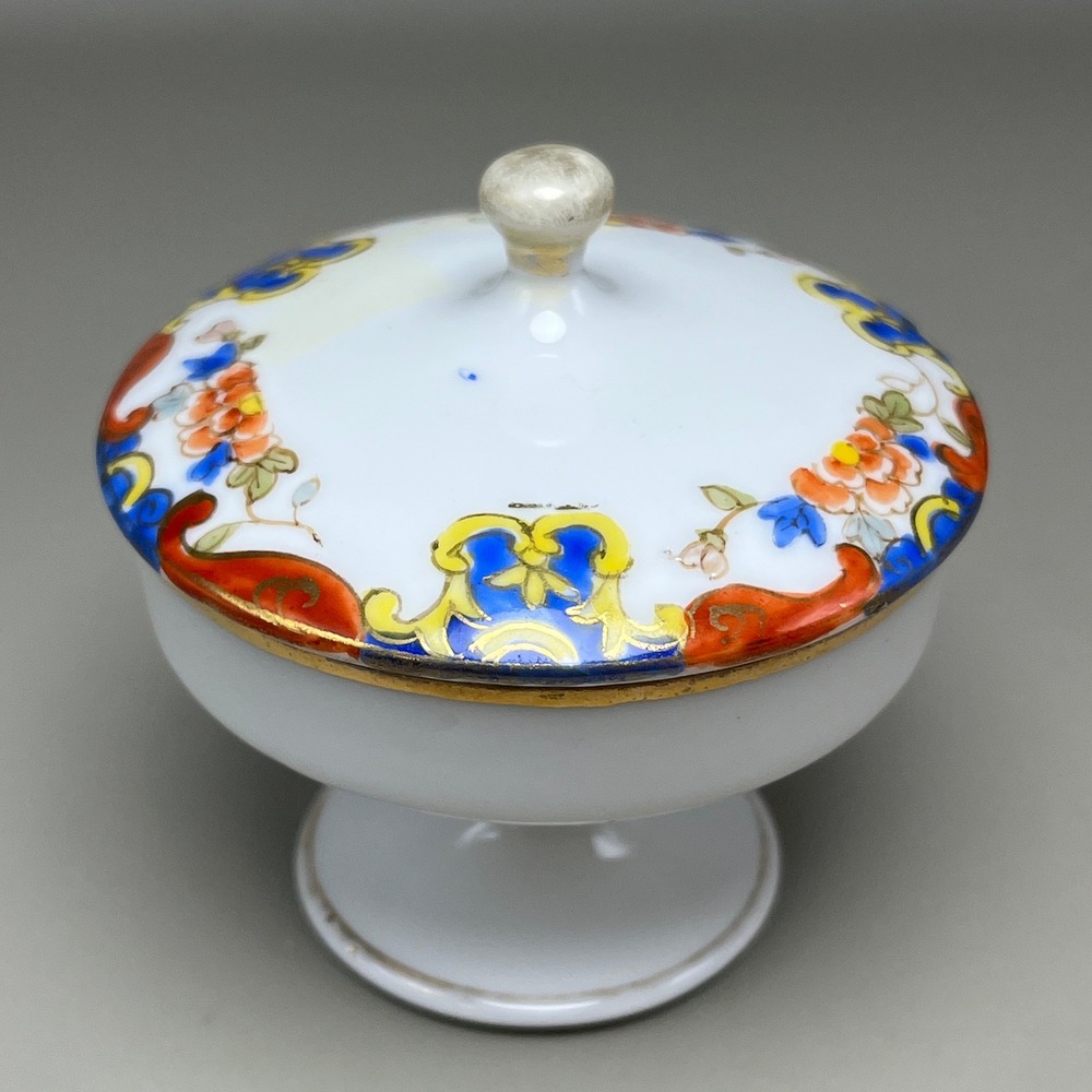 Antique Nippon Hand Painted Porcelain Lidded Pedestal Trinket Dish Floral 2.75"